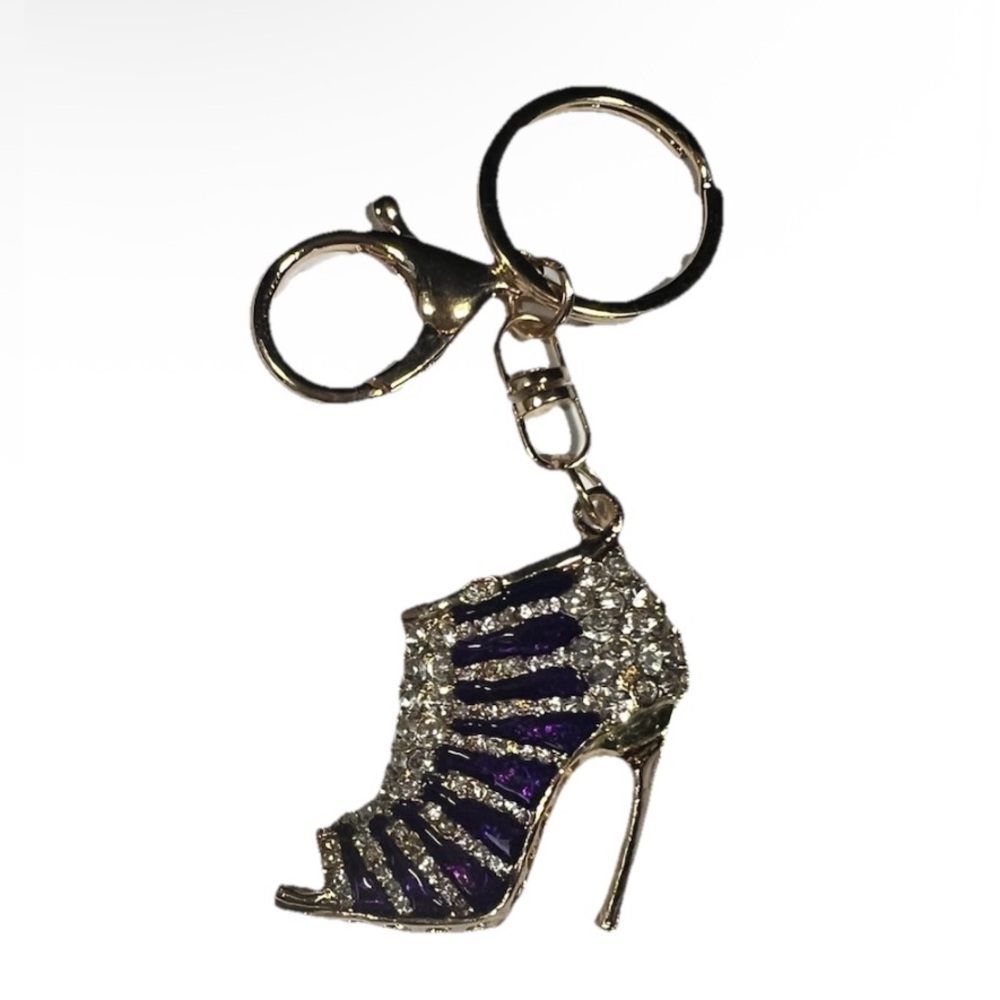NIB Stiletto High Heel Keychain Crystal Purse Charm Purple & Gold